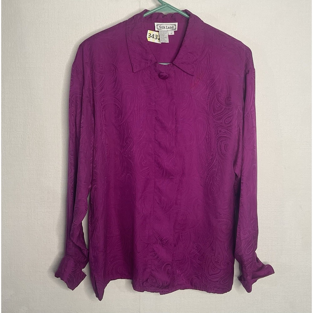 Vintage Silk Land Blouse Womens Size 4 Raspberry Paisley Padded Shoulder Button